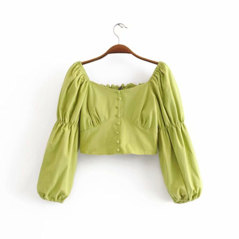 Green One-Shoulder Puff Sleeve Short Length Tops